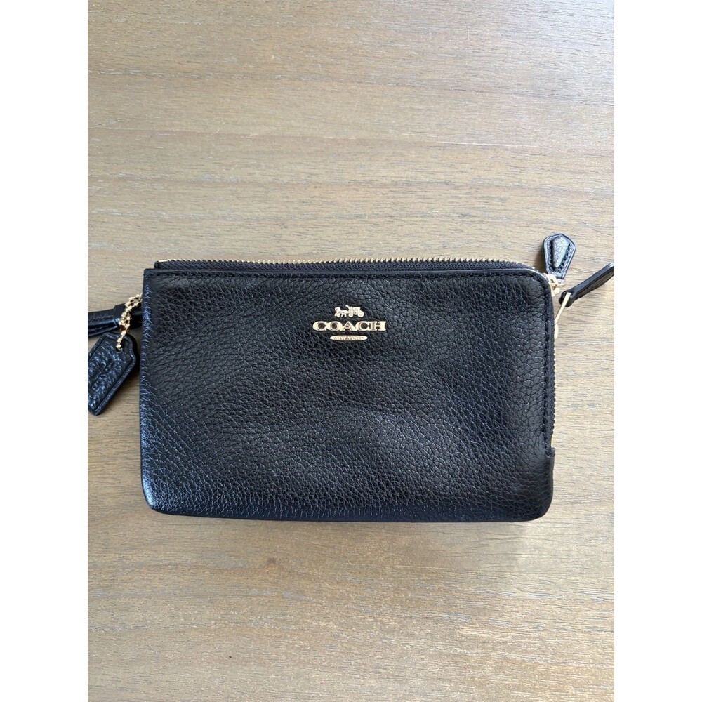 Coach Black Double Zip Wristlet Wallet Strap Logo Gold Zippers Pebbled Leather